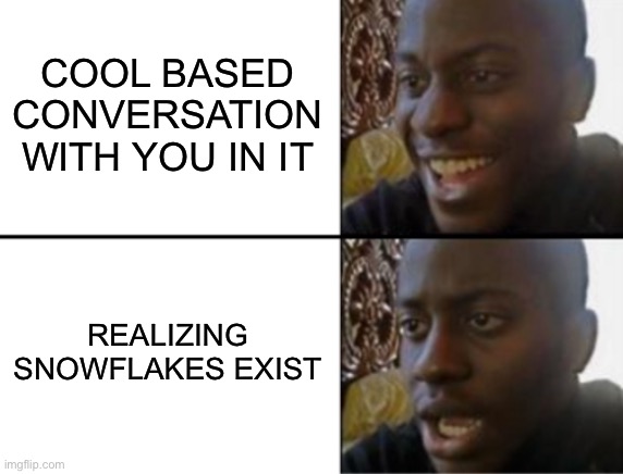 Oh yeah! Oh no... | COOL BASED CONVERSATION WITH YOU IN IT REALIZING SNOWFLAKES EXIST | image tagged in oh yeah oh no | made w/ Imgflip meme maker