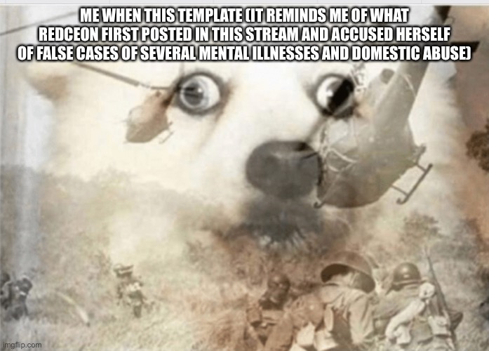 PTSD dog | ME WHEN THIS TEMPLATE (IT REMINDS ME OF WHAT REDCEON FIRST POSTED IN THIS STREAM AND ACCUSED HERSELF OF FALSE CASES OF SEVERAL MENTAL ILLNES | image tagged in ptsd dog | made w/ Imgflip meme maker