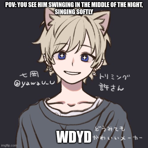 NO EATING HIM, no erp | POV: YOU SEE HIM SWINGING IN THE MIDDLE OF THE NIGHT,
SINGING SOFTLY; WDYD | made w/ Imgflip meme maker