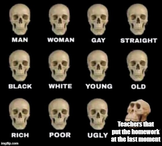 Please just put the homework earlier | Teachers that put the homework at the last moment | image tagged in idiot skull | made w/ Imgflip meme maker
