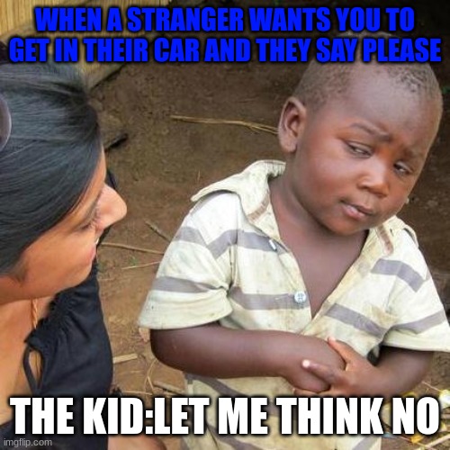 Third World Skeptical Kid | WHEN A STRANGER WANTS YOU TO GET IN THEIR CAR AND THEY SAY PLEASE; THE KID:LET ME THINK NO | image tagged in memes,third world skeptical kid | made w/ Imgflip meme maker