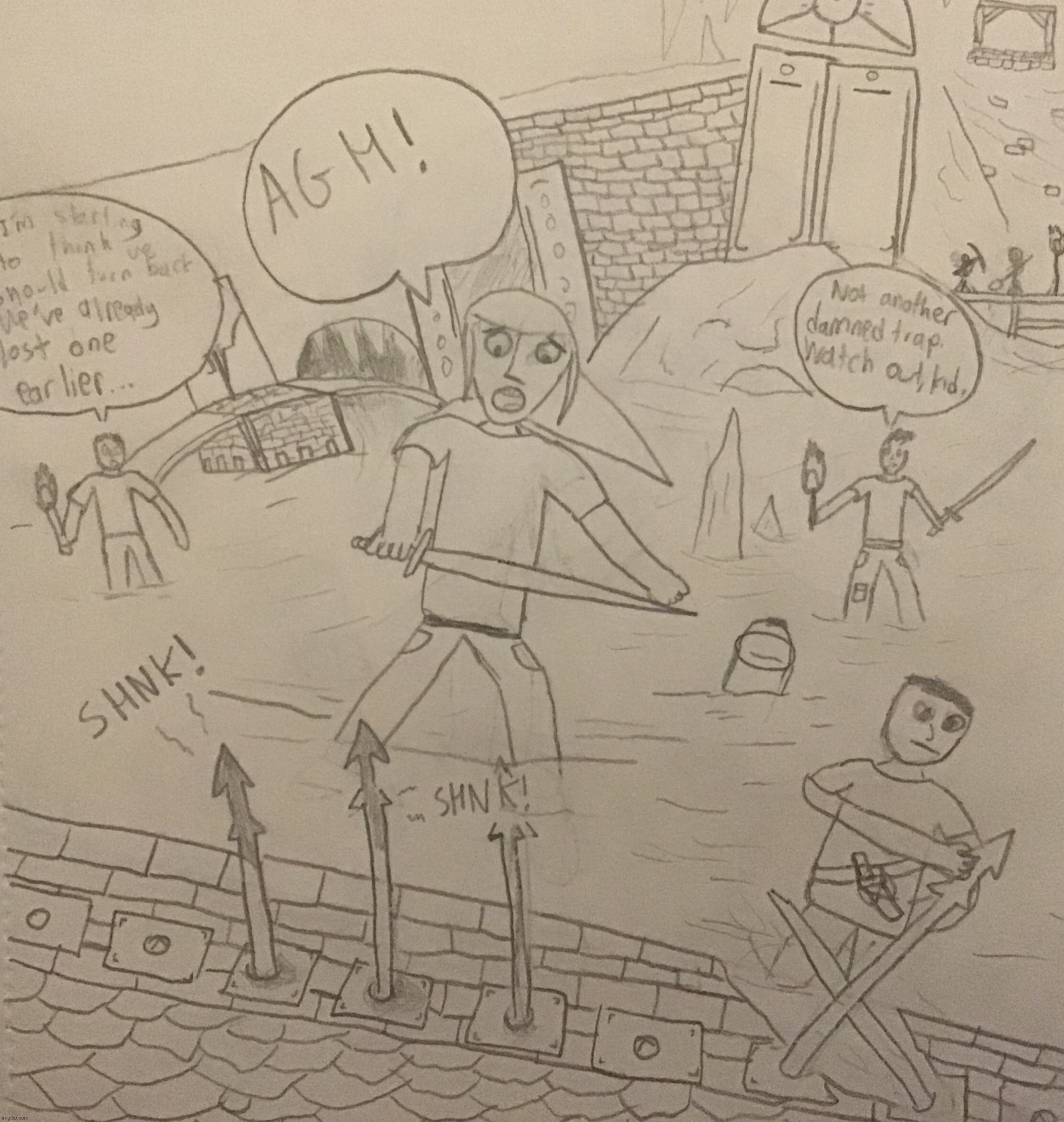 Jake exploring an ancient ruin, encountering a trap with his group | made w/ Imgflip meme maker