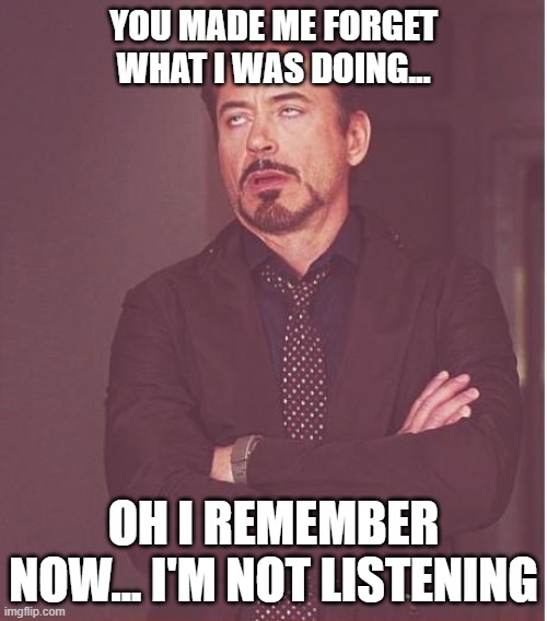 Doing What I Do | YOU MADE ME FORGET WHAT I WAS DOING... OH I REMEMBER NOW... I'M NOT LISTENING | image tagged in memes,face you make robert downey jr,shut up,stop talking,annoyed | made w/ Imgflip meme maker