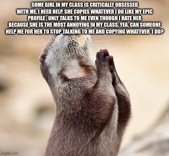 animal praying | SOME GIRL IN MY CLASS IS CRITICALLY OBSESSED WITH ME. I NEED HELP. SHE COPIES WHATEVER I DO LIKE MY EPIC PROFILE , ONLY TALKS TO ME EVEN THOUGH I HATE HER BECAUSE SHE IS THE MOST ANNOYING IN MY CLASS. YEA. CAN SOMEONE HELP ME FOR HER TO STOP TALKING TO ME AND COPYING WHATEVER  I DO? | image tagged in animal praying | made w/ Imgflip meme maker