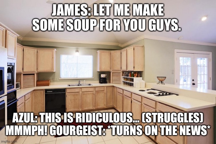 In the living room… | JAMES: LET ME MAKE SOME SOUP FOR YOU GUYS. AZUL: THIS IS RIDICULOUS… (STRUGGLES) MMMPH! GOURGEIST: *TURNS ON THE NEWS* | image tagged in kitchen with ceiling fan | made w/ Imgflip meme maker