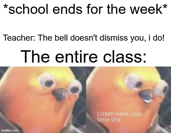 tHe BeLl DoSeNt DiSmIsS yOu, I dO! | *school ends for the week*; Teacher: The bell doesn't dismiss you, i do! The entire class: | image tagged in listen here you little shit bird | made w/ Imgflip meme maker