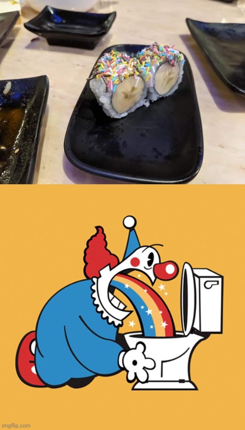 Cursed sushi | image tagged in clown rainbow barf puke vomit toilet,cursed,sushi,memes,sprinkles,cursed image | made w/ Imgflip meme maker