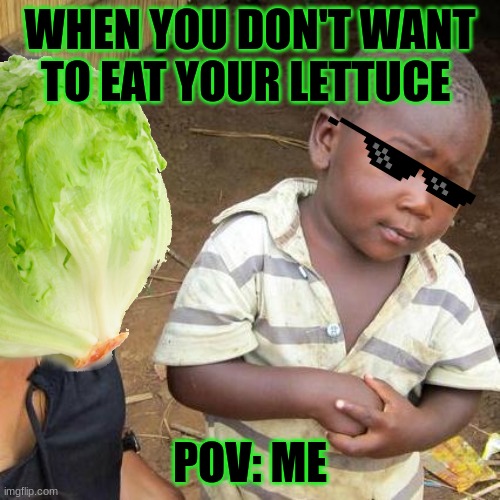 LETTICS | WHEN YOU DON'T WANT TO EAT YOUR LETTUCE; POV: ME | image tagged in no more food | made w/ Imgflip meme maker