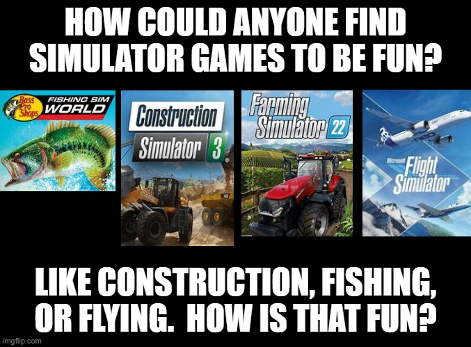 blank black | HOW COULD ANYONE FIND SIMULATOR GAMES TO BE FUN? LIKE CONSTRUCTION, FISHING, OR FLYING.  HOW IS THAT FUN? | image tagged in blank black | made w/ Imgflip meme maker