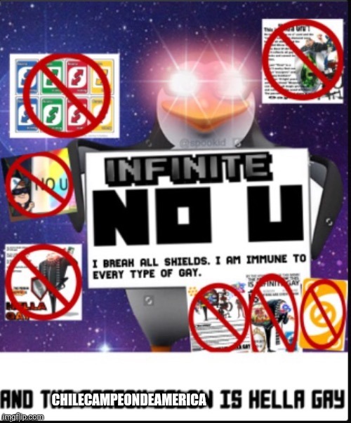 To ChilecampeondeAmerica (reason: spambot) | CHILECAMPEONDEAMERICA | image tagged in infinite no u | made w/ Imgflip meme maker