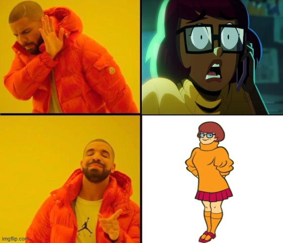 no black Velma | image tagged in drake meme,scooby doo,warner bros,velma,n word,cartoons | made w/ Imgflip meme maker