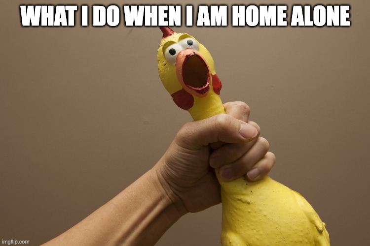 CHEEKEN | WHAT I DO WHEN I AM HOME ALONE | image tagged in rubber chicken | made w/ Imgflip meme maker