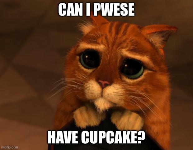 puss in boots eyes |  CAN I PWESE; HAVE CUPCAKE? | image tagged in puss in boots eyes | made w/ Imgflip meme maker