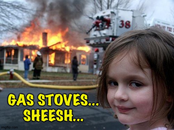 Disaster Girl Meme | GAS STOVES...
SHEESH... | image tagged in memes,disaster girl | made w/ Imgflip meme maker