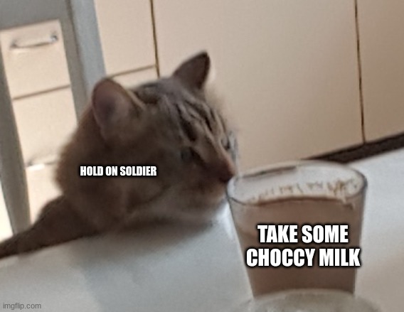 Take it | HOLD ON SOLDIER; TAKE SOME CHOCCY MILK | image tagged in tarcin with a choclate milk | made w/ Imgflip meme maker
