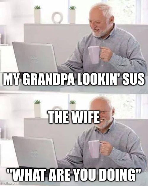 Hide the Pain Harold | MY GRANDPA LOOKIN' SUS; THE WIFE; "WHAT ARE YOU DOING" | image tagged in memes,hide the pain harold | made w/ Imgflip meme maker