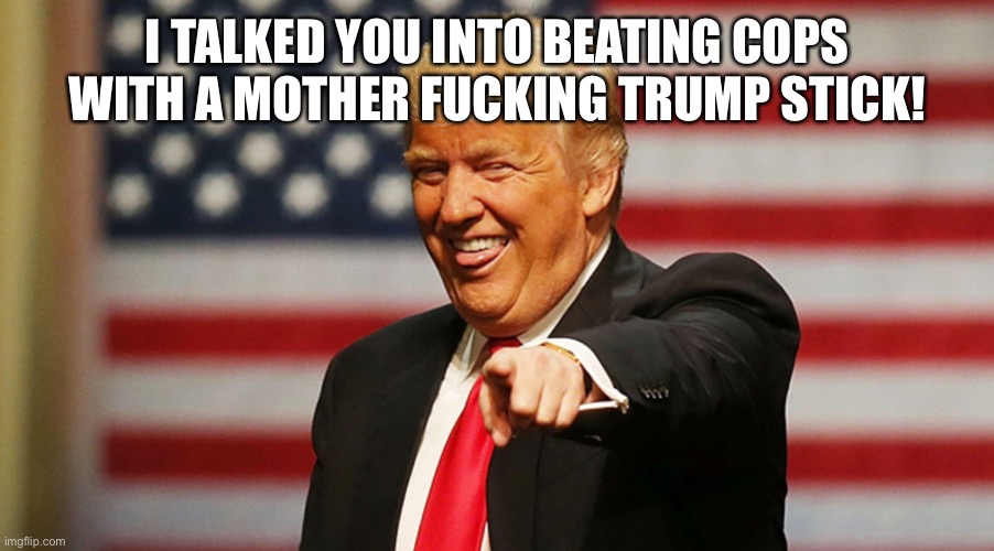 Trump Sucker | I TALKED YOU INTO BEATING COPS WITH A MOTHER FUCKING TRUMP STICK! | image tagged in trump sucker | made w/ Imgflip meme maker