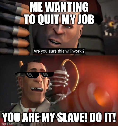 Are you sure this will work!? Ha ha,I have no idea | ME WANTING TO QUIT MY JOB; YOU ARE MY SLAVE! DO IT! | image tagged in are you sure this will work ha ha i have no idea | made w/ Imgflip meme maker