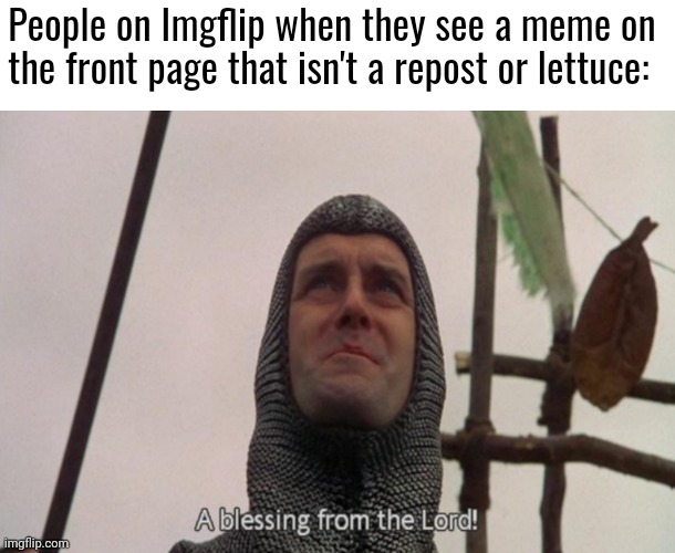 A blessing from the lord | People on Imgflip when they see a meme on the front page that isn't a repost or lettuce: | image tagged in a blessing from the lord | made w/ Imgflip meme maker