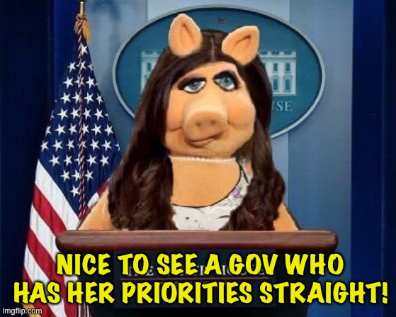 Piggy Sanders | NICE TO SEE A GOV WHO HAS HER PRIORITIES STRAIGHT! | image tagged in piggy sanders | made w/ Imgflip meme maker