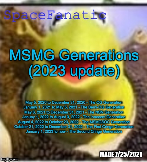 Ye Olde Announcements | MSMG Generations (2023 update); May 5, 2020 to December 31, 2020 - The OG Generation
January 1, 2021 to May 5, 2021 - The Semi-OG Generation
May 6, 2021 to December 31, 2021 - The NSN Generation
Januay 1, 2022 to August 3, 2022 - The Innocent Generation
August 4, 2022 to October 20, 2022 - The MSMGSOC Generation
October 21, 2022 to December 31, 2022 - The First Cringe Generation
January 1, 2023 to now - The Second Cringe Generation | image tagged in spacefanatic announcement temp | made w/ Imgflip meme maker
