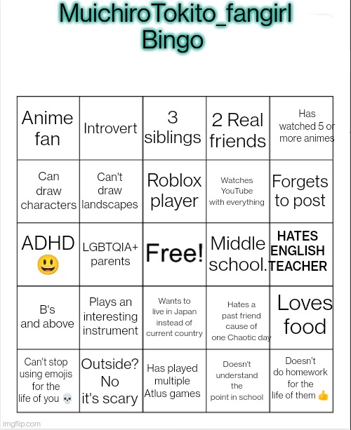 What's the template? MuichiroTokito_fangirl bingo | MuichiroTokito_fangirl
Bingo; Has watched 5 or more animes; Anime fan; Introvert; 3 siblings; 2 Real friends; Roblox player; Can draw characters; Can't draw landscapes; Watches YouTube with everything; Forgets to post; HATES ENGLISH TEACHER; ADHD 😃; Middle school. LGBTQIA+ parents; Plays an interesting instrument; Loves food; B's and above; Wants to live in Japan instead of current country; Hates a past friend cause of one Chaotic day; Doesn't do homework for the life of them 👍; Outside? No it's scary; Has played multiple Atlus games; Doesn't understand the point in school; Can't stop using emojis for the life of you 💀 | image tagged in blank bingo template with better font | made w/ Imgflip meme maker