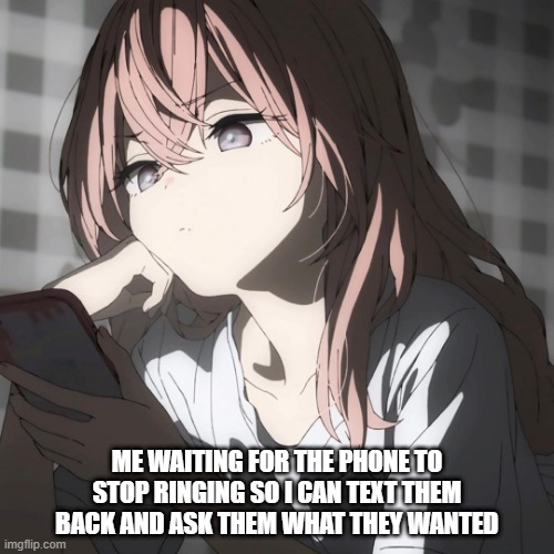 ME WAITING FOR THE PHONE TO STOP RINGING SO I CAN TEXT THEM BACK AND ASK THEM WHAT THEY WANTED | image tagged in anime meme,anime,my dress up darling | made w/ Imgflip meme maker