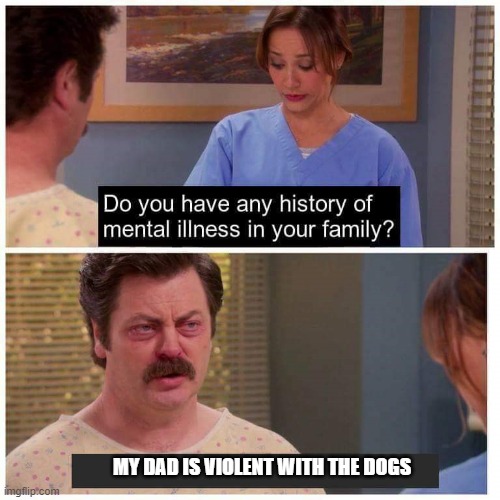 he punches them just because they touch his car | MY DAD IS VIOLENT WITH THE DOGS | image tagged in do you have any history of mental ilness in your family | made w/ Imgflip meme maker