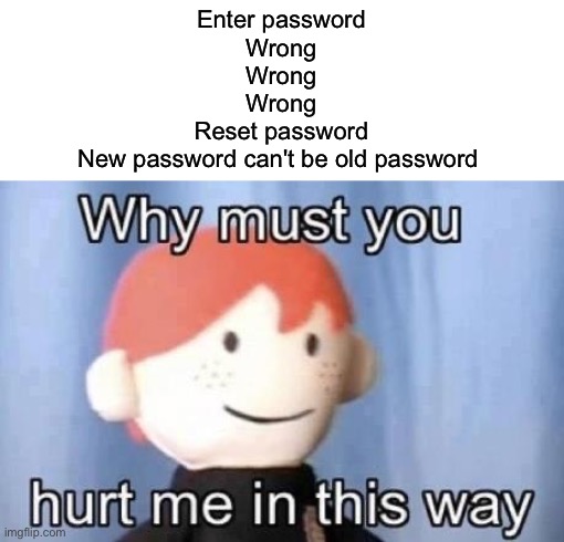 So annoying | Enter password
Wrong
Wrong
Wrong
Reset password
New password can't be old password | image tagged in why must you hurt me this way,memes,funny,true story,relatable memes,pain | made w/ Imgflip meme maker