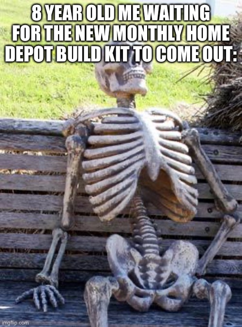 Waiting Skeleton | 8 YEAR OLD ME WAITING FOR THE NEW MONTHLY HOME DEPOT BUILD KIT TO COME OUT: | image tagged in memes,waiting skeleton | made w/ Imgflip meme maker