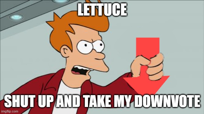 Shut Up and Take My Downvote | LETTUCE; SHUT UP AND TAKE MY DOWNVOTE | image tagged in shut up and take my downvote | made w/ Imgflip meme maker