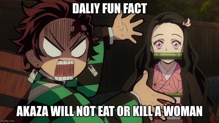 Our Nezuko | DALIY FUN FACT; AKAZA WILL NOT EAT OR KILL A WOMAN | image tagged in our nezuko | made w/ Imgflip meme maker