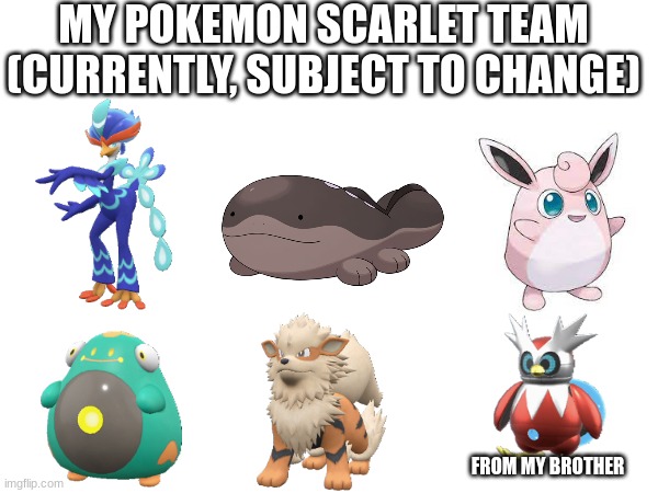 my beloveds | MY POKEMON SCARLET TEAM
(CURRENTLY, SUBJECT TO CHANGE); FROM MY BROTHER | made w/ Imgflip meme maker