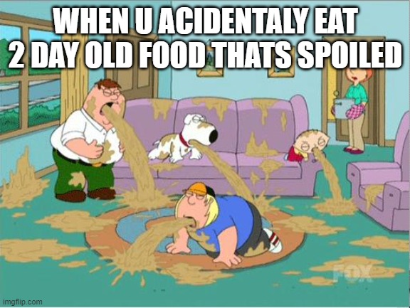 Family Guy Puke | WHEN U ACIDENTALY EAT 2 DAY OLD FOOD THATS SPOILED | image tagged in family guy puke | made w/ Imgflip meme maker