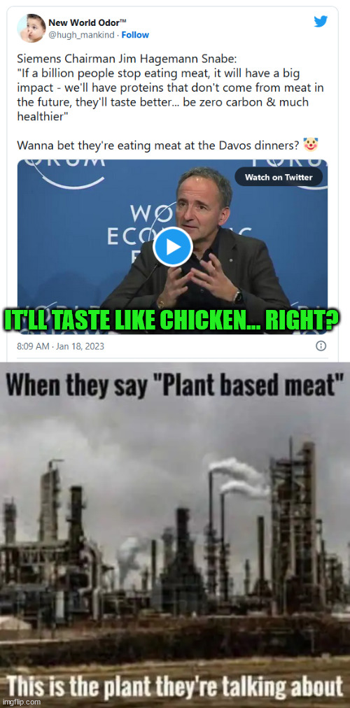 This is almost as bad as thinking electric cars are environmentally friendly... | IT'LL TASTE LIKE CHICKEN... RIGHT? | image tagged in nwo police state | made w/ Imgflip meme maker