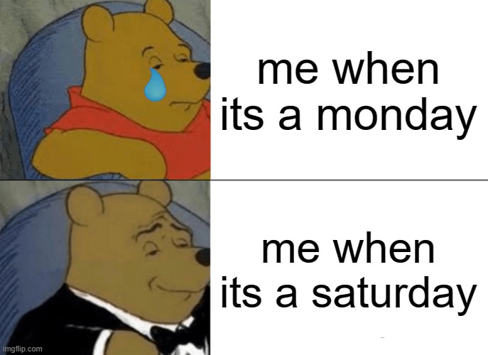 Tuxedo Winnie The Pooh Meme | me when its a monday; me when its a saturday | image tagged in memes,tuxedo winnie the pooh | made w/ Imgflip meme maker