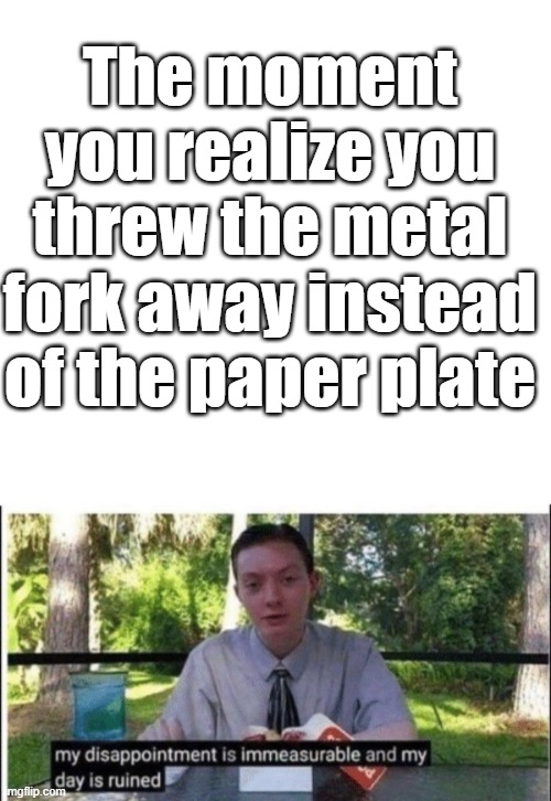 I always do this | The moment you realize you threw the metal fork away instead of the paper plate | image tagged in my dissapointment is immeasurable and my day is ruined | made w/ Imgflip meme maker
