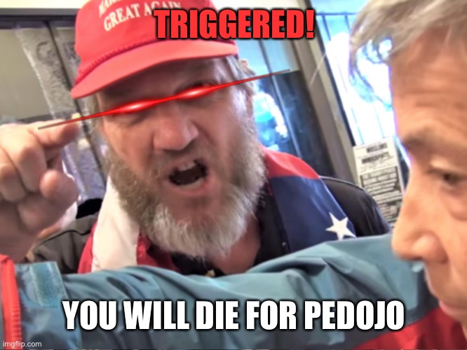 Angry Trump Supporter | TRIGGERED! YOU WILL DIE FOR PEDOJO | image tagged in angry trump supporter | made w/ Imgflip meme maker