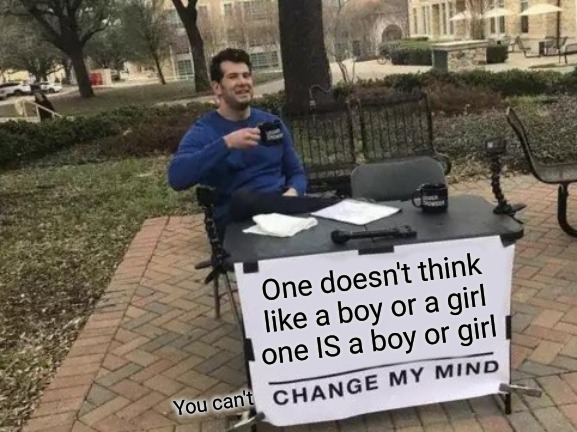 Change My Mind | One doesn't think like a boy or a girl one IS a boy or girl; You can't | image tagged in memes,change my mind | made w/ Imgflip meme maker