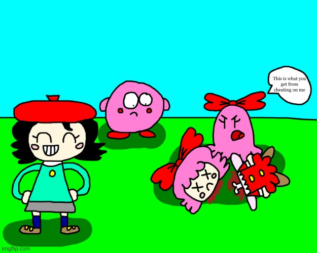 Adeleine and Chuchu killed Ribbon (again) | image tagged in kirby,gore,blood,funny,cute,parody | made w/ Imgflip meme maker