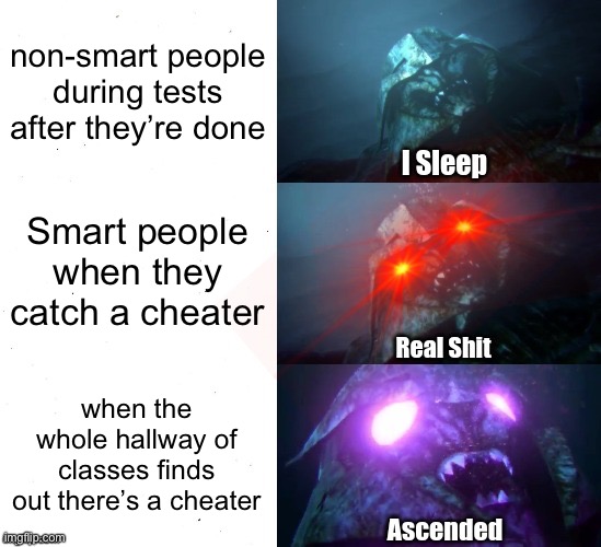 smart | non-smart people during tests after they’re done; Smart people when they catch a cheater; when the whole hallway of classes finds out there’s a cheater | image tagged in sleeping shaq tfp megatron style with ascended | made w/ Imgflip meme maker