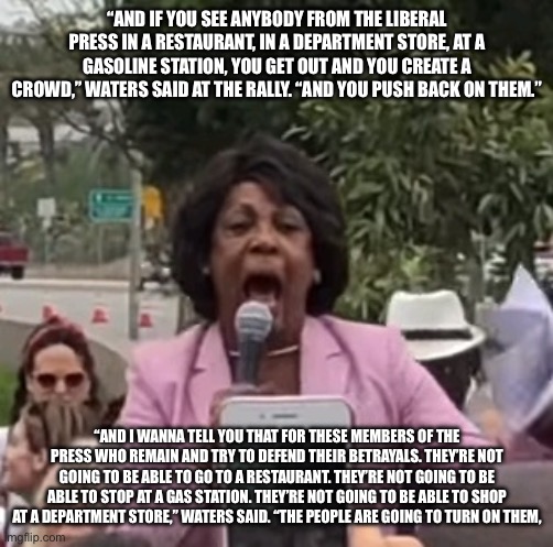 Maxine Waters | “AND IF YOU SEE ANYBODY FROM THE LIBERAL PRESS IN A RESTAURANT, IN A DEPARTMENT STORE, AT A GASOLINE STATION, YOU GET OUT AND YOU CREATE A C | image tagged in maxine waters | made w/ Imgflip meme maker