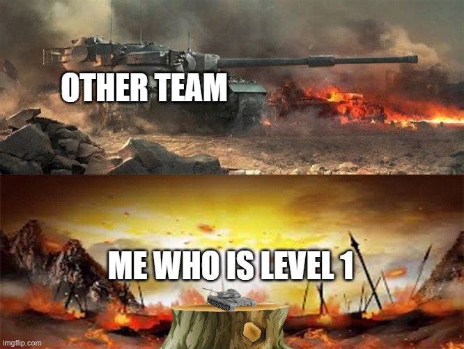 Oh no (used my own template btw) | OTHER TEAM; ME WHO IS LEVEL 1 | image tagged in big tonk vs little tonk | made w/ Imgflip meme maker