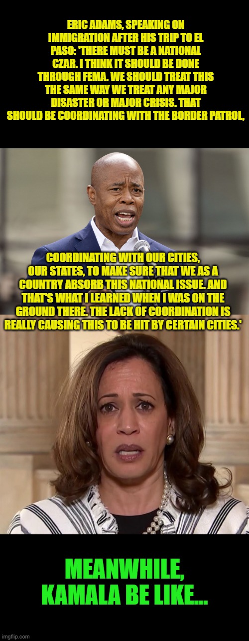 Is he gunning to be VP or even make a run at POTUS? | ERIC ADAMS, SPEAKING ON IMMIGRATION AFTER HIS TRIP TO EL PASO: 'THERE MUST BE A NATIONAL CZAR. I THINK IT SHOULD BE DONE THROUGH FEMA. WE SHOULD TREAT THIS THE SAME WAY WE TREAT ANY MAJOR DISASTER OR MAJOR CRISIS. THAT SHOULD BE COORDINATING WITH THE BORDER PATROL, COORDINATING WITH OUR CITIES, OUR STATES, TO MAKE SURE THAT WE AS A COUNTRY ABSORB THIS NATIONAL ISSUE. AND THAT'S WHAT I LEARNED WHEN I WAS ON THE GROUND THERE. THE LACK OF COORDINATION IS REALLY CAUSING THIS TO BE HIT BY CERTAIN CITIES.'; MEANWHILE, KAMALA BE LIKE... | image tagged in eric adams,sad sack kamala,immigration | made w/ Imgflip meme maker