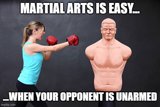Martial Arts Is Easy | MARTIAL ARTS IS EASY... ...WHEN YOUR OPPONENT IS UNARMED | image tagged in martial arts,boxing,karate,mannequin | made w/ Imgflip meme maker