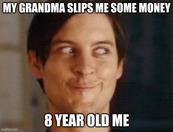 Spiderman Peter Parker |  MY GRANDMA SLIPS ME SOME MONEY; 8 YEAR OLD ME | image tagged in memes,spiderman peter parker | made w/ Imgflip meme maker