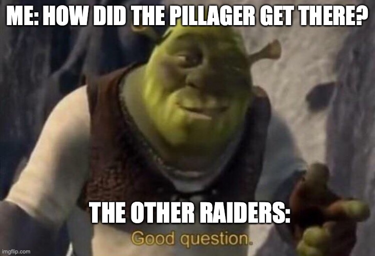 how do they disappear | ME: HOW DID THE PILLAGER GET THERE? THE OTHER RAIDERS: | image tagged in shrek good question | made w/ Imgflip meme maker