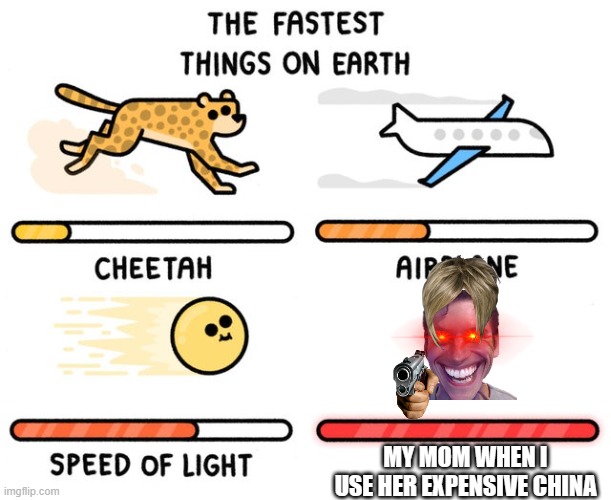 fastest thing possible | MY MOM WHEN I USE HER EXPENSIVE CHINA | image tagged in fastest thing possible | made w/ Imgflip meme maker