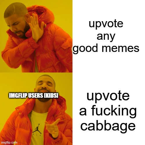 upvote any good memes upvote a fucking cabbage IMGFLIP USERS [KIDS] | image tagged in memes,drake hotline bling | made w/ Imgflip meme maker