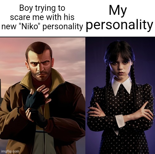 Boy trying to scare me with his new "Niko" personality; My 
personality | image tagged in blank white template | made w/ Imgflip meme maker